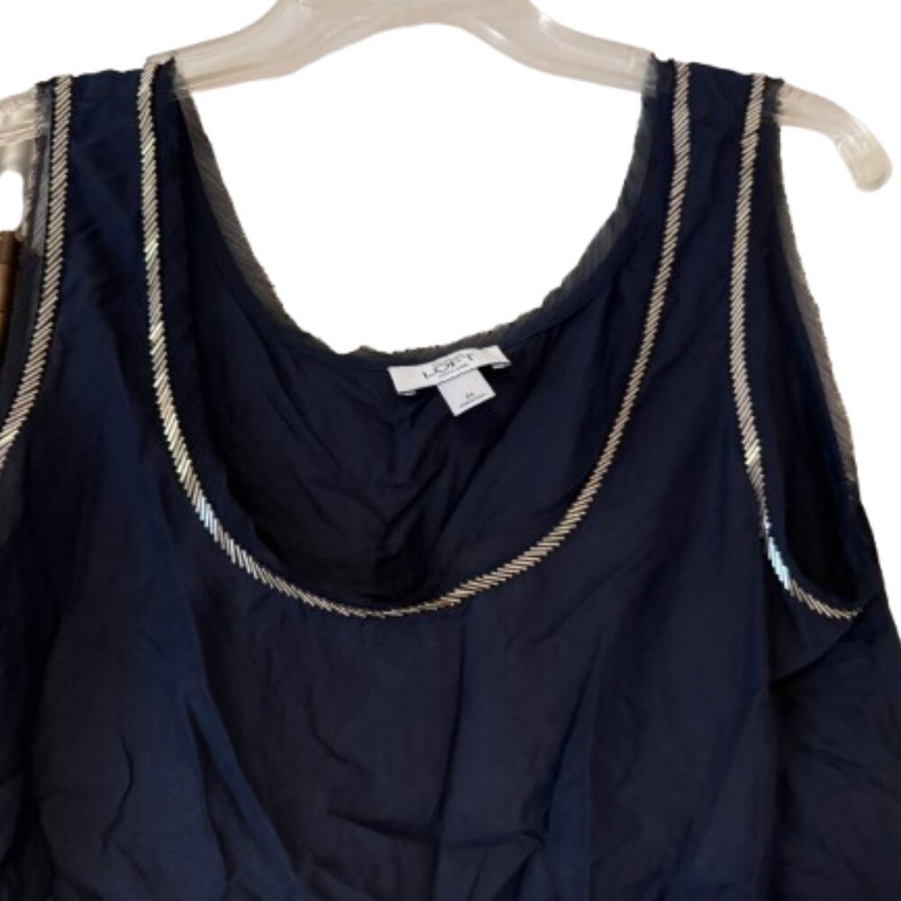 Loft Navy 100% Silk Dressy Shell w/Silver Beaded Neck - Medium